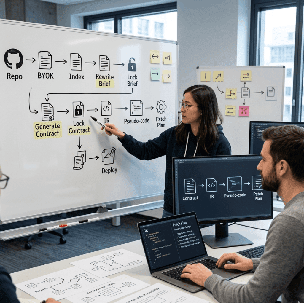 Từ contract đến IR, mã giả và patch plan: luồng chuyển hóa của Midi Coder