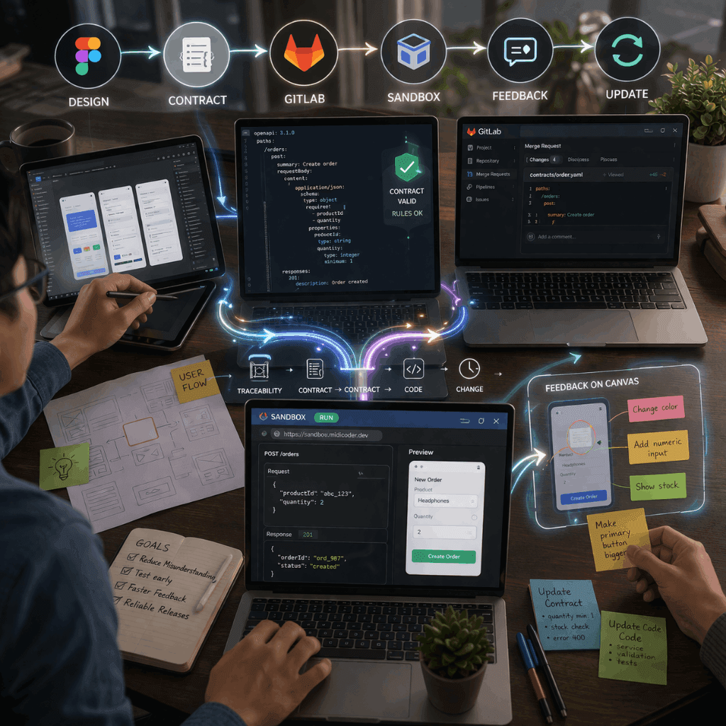Từ bản thiết kế đến contract đến code: một luồng nhất quán có thể vận hành ra sao