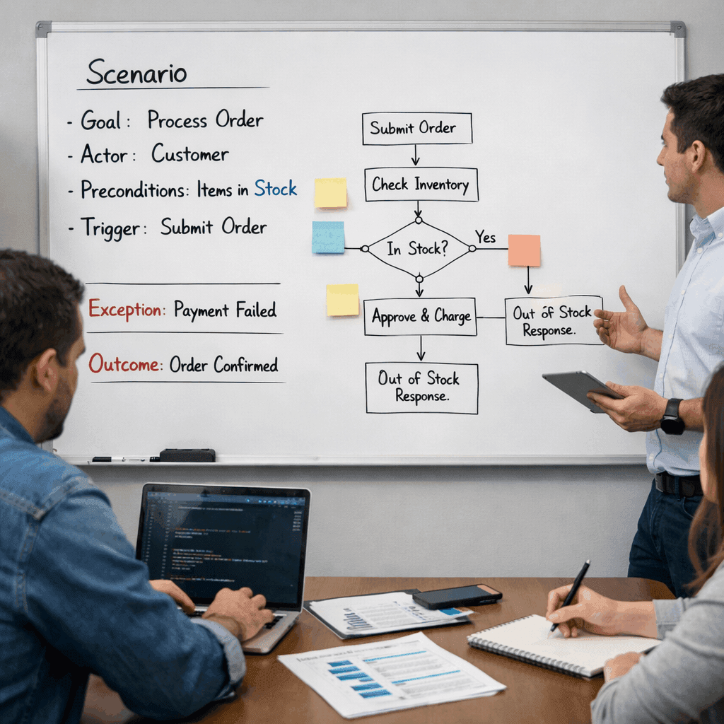 Scenarios trong contract giúp đội kỹ thuật và nghiệp vụ nói cùng một ngôn ngữ ra sao